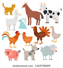  Animales de granja. Vaca, caballo y conejo, perro y pavo, oveja y cerdo, pollos y pollos, cabra y gato, vectores de ganso dibujados aislados