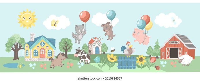 Farm animals - cow, horse, sheep, pig, dog, cat, rooster and houses. Kid nursery mural wallpaper. Vector hand drawn illustrations