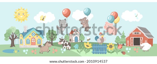 Farm animals - cow, horse, sheep, pig, dog, cat, rooster and houses. Kid nursery mural wallpaper. Vector hand drawn illustrations.