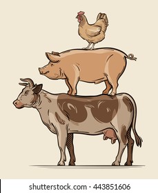 Farm animals. cow, pig chicken beef pork meat