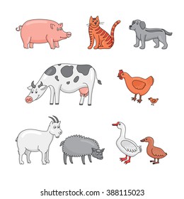 Farm animals: cow, pig, goat, sheep, cat, dog, duck, goose, hen, chicken. Cute animal characters in cartoon style