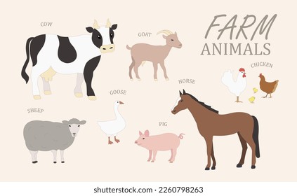 Farm animals, cow, pig, horse, sheep. goat, chicken, goose, poultry, sketch style set with animals, realistic animals set for educational purpuse.