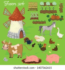 Farm animals - cow, pig, sheep, horse, rooster, chicken, turkey, chicken, goose, rabbit. Agraculture and mill. Cute cartoon in cartoon style vector illustration.