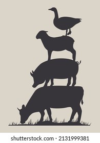 Farm animals cow, pig, sheep and rooster stand on each other. Butcher shop