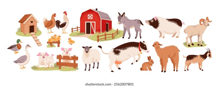 Farm animals, cow, pigs, chickens and  livestock in a rustic barnyard. Sustainability and rural. Flat vector illustration.