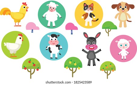 Farm animals. Cow, sheep, chicken, rooster, dog, cat, lamb, cow, donkey