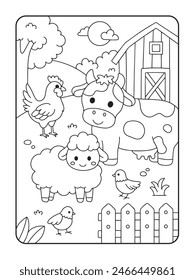 Farm Animals with cow , sheep, and chicken coloring page illustration