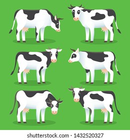 Farm animals cows isolated on green background. Set of white and black cows in flat style, for logo and web design. Farm cow cartoon character