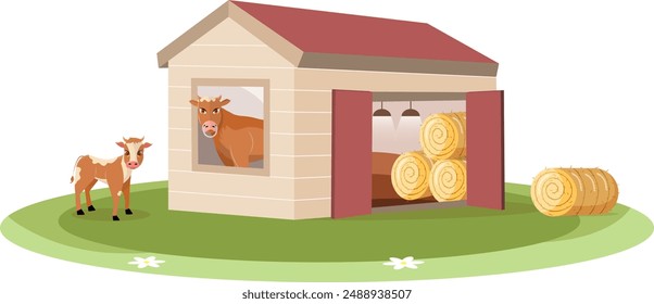 Farm Animals. A cowshed with hay, a bull and a calf stands on green grass. Vector illustration.