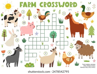 Crucigrama de animales de granja para niños con personajes lindos. Rompecabezas de búsqueda de palabras. Juego educativo con vaca, cerdo, caballo, oveja y más. Ilustración vectorial. Ilustración vectorial