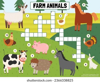 Farm animals crossword for kids. On the farm puzzle for school and preschool. Funny activity page in US Letter format for children. Vector illustration
