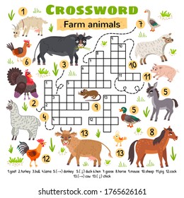 Farm animals crossword. For preschool kids activity worksheet. Children crossing word search puzzle game