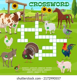 Farm animals and farm, crossword puzzle game grid, vector quiz worksheet. Guess word riddle game or crossword with farm cattle cow, horse and donkey, pig with sheep and quail or duck