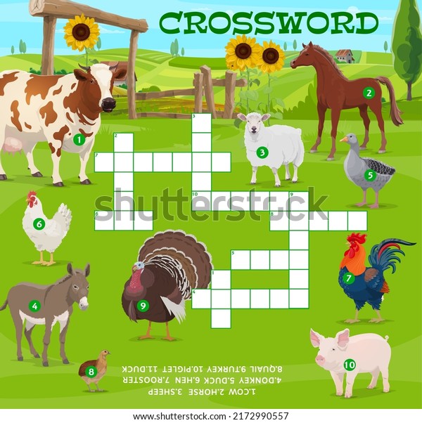 Farm animals and farm, crossword puzzle game grid,\
vector quiz worksheet. Guess word riddle game or crossword with\
farm cattle cow, horse and donkey, pig with sheep and quail or\
duck