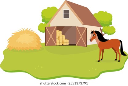 Farm Animals. Cute farm. A bay horse in a farmyard. Collection of farm animals in a barnyard. Baby flat vector illustration.