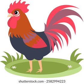 Farm Animals. Cute farm. A bright rooster stands on the green grass. Collection of farm animals. Baby flat vector illustration. Isolated