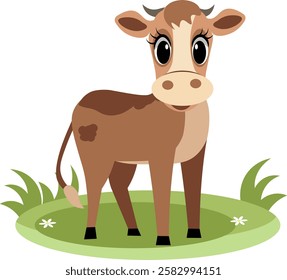 Farm Animals. Cute farm. A cute calf stands on the green grass. Collection of farm animals. Baby flat vector illustration. Isolated 