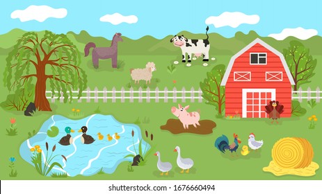 Animales de granja lindos personajes de dibujos animados sobre pastos de verano, ilustración vectorial. Ganadería, vaca, cerdo, oveja y caballo. Aves de corral, pollo, pavo, gansos y patos. Pastoreo de animales de granja al aire libre