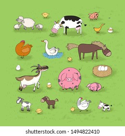 Farm animals. Cute cartoon horse, cow and goat, sheep and goose, chicken and pig.