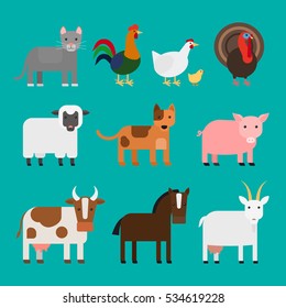 Farm animals cute colorful icons on blue background. Vector illustration