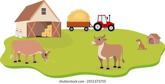 Farm Animals. Cute farm. Cow, bull and dog in a farmyard. Collection of farm animals in a barnyard. Baby flat vector illustration.