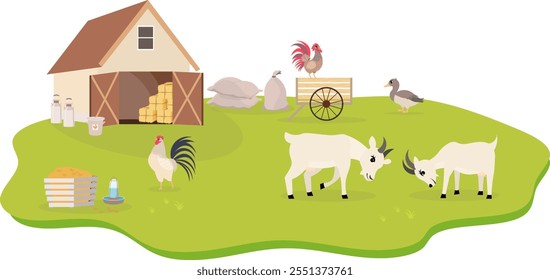 Animales de granja. Linda granja. Gallos, cabras y un ganso en un corral. Colección de animales de granja en un corral. Bebé Ilustración vectorial plana.