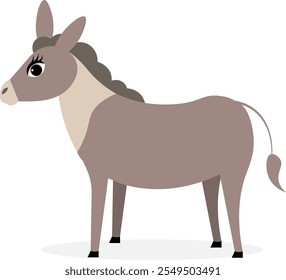 Animais De Exploração. Uma bela fazenda. Um burro cinzento fofo fica sobre um fundo branco. Recolha de animais de criação. Ilustração do vetor plano do bebê.