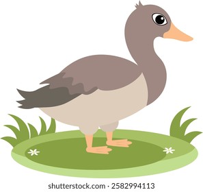 Farm Animals. Cute farm. A grey duck stands on the green grass. Collection of farm animals. Baby flat vector illustration. Isolated