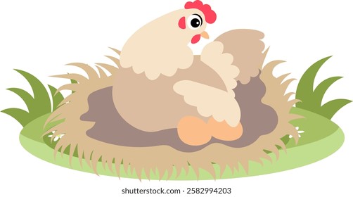 Farm Animals. Cute farm. A grey hen sits in a nest with eggs. Collection of farm animals. Baby flat vector illustration. Isolated