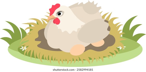 Farm Animals. Cute farm. The hen is sitting in a nest with eggs. Collection of farm animals. Baby flat vector illustration. Isolated