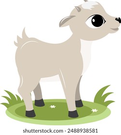 Farm Animals. Cute little goat on green grass on a white background. Baby flat vector illustration.