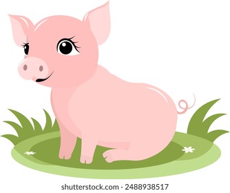 Farm Animals. Cute pink pig sitting on green grass on a white background. Baby flat vector illustration.