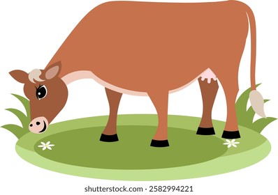 Farm Animals. Cute farm. A red cow stands on green grass. Collection of farm animals. Baby flat vector illustration. Isolated
