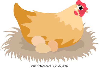 Animais De Exploração. Uma bela fazenda. Uma galinha vermelha senta-se em um ninho com ovos. Recolha de animais de criação. Ilustração do vetor plano do bebê.