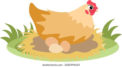 Farm Animals. Cute farm. The red hen sits in a nest with eggs. Collection of farm animals. Baby flat vector illustration. Isolated