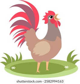 Farm Animals. Cute farm. A cute rooster sings on the green grass. Collection of farm animals. Baby flat vector illustration. Isolated 