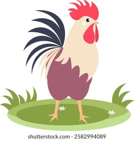 Farm Animals. Cute farm. A cute rooster stands on the green grass. Collection of farm animals. Baby flat vector illustration. Isolated