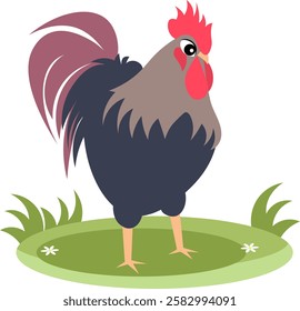 Farm Animals. Cute farm. A cute rooster stands on the green grass. Collection of farm animals. Baby flat vector illustration. Isolated 