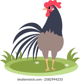 Farm Animals. Cute farm. The rooster stands on the green grass. Collection of farm animals. Baby flat vector illustration. Isolated 