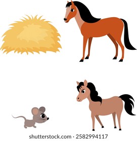 Farm Animals. Cute farm. Set horse, pony and mouse. Collection of farm animals. Baby flat vector illustration. Isolated 