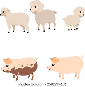 Farm Animals. Cute farm. Set of sheep and pig. Collection of farm animals. Baby flat vector illustration. Isolated