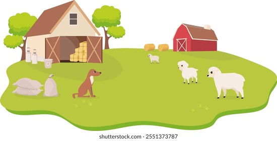 Animales de granja. Linda granja. Ovejas y un perro en un corral. Colección de animales de granja en un corral. Bebé Ilustración vectorial plana.