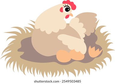 Farm Animals. Cute farm. A surprised chicken sits in a nest with eggs. Collection of farm animals. Baby flat vector illustration.