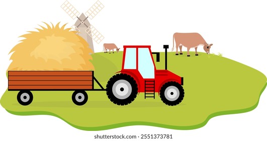 Farm Animals. Cute farm. Tractor with hay, mill and cows in a farmyard. Collection of farm animals in a barnyard. Baby flat vector illustration.