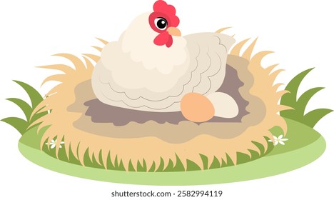 Farm Animals. Cute farm. A white hen sits in a nest with eggs. Collection of farm animals. Baby flat vector illustration. Isolated 