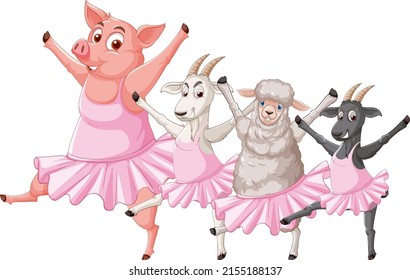 Farm animals dancing ballet illustration