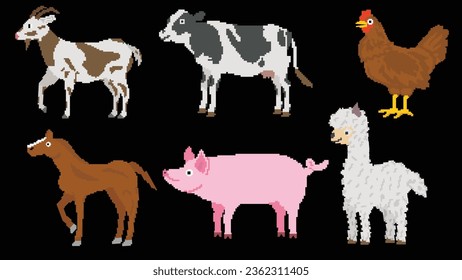 Farm animals designed based on 8 bit size. Suitable for your game assets, Goat, Cow, Chicken, Alpaca, Pig and Horse