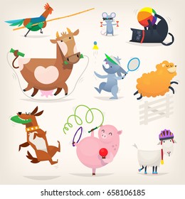 Farm animals do morning exercises and play sports. Vector illustrations with healthy animal characters.