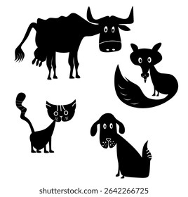 Animais de criação: cão, pastor, lobo, vaca, gato e elementos ambientais. Ícones brancos com contorno preto. Ilustração de vetor de desenhos animados para livro de colorir.	