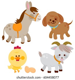 Farm animals. A donkey, a dog, a chicken and a goat. Vector illustration